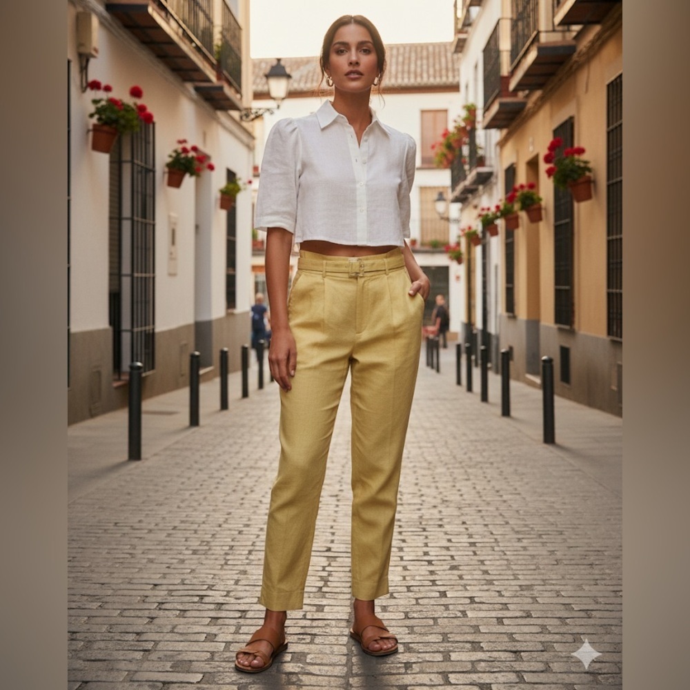 Mango Linen belted Trouser pants lucite belt buckle‎ tailored trouser pants